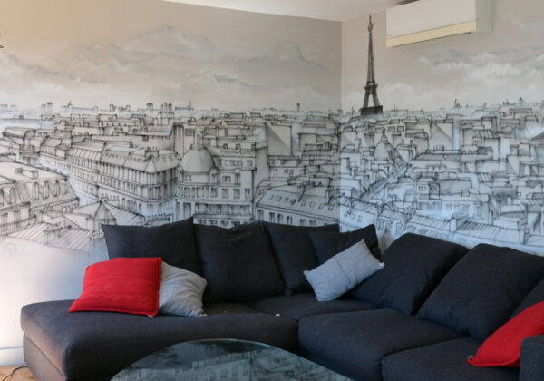 Fresque fait à Paris avec panorama de la Capitale sur deux murs