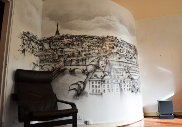 Graff d'intérieur dans un salon à Sèvres avec vue de Paris