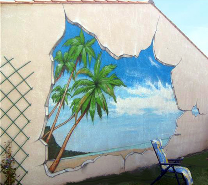 Niort, graffiti d'une façade de 4 mètres avec un paysage paradisiaque