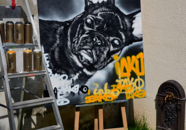 Colombes toile avec graffitis et Bulldog Français