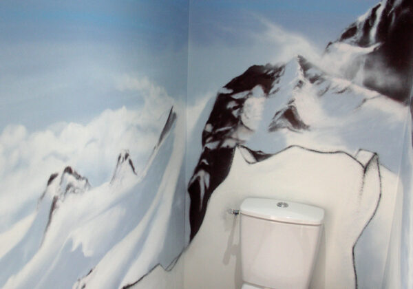 Dans des toilettes à Pau, une décoration d'intérieur avec vue des Pyrénées